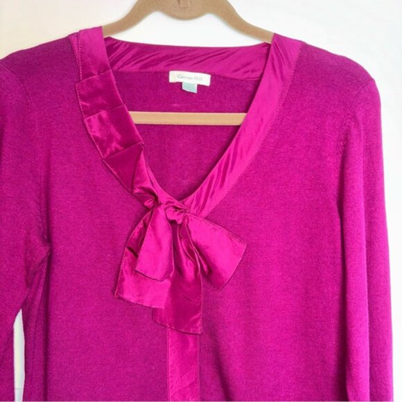 Garnet Hill Fuchsia Silk Blend Sweater Satin Bow Detail Medium Knit Old Money - Picture 10 of 13